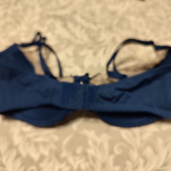 💙 Vtg Victorian Inspired VS Navy Blue Lace & Cream Floral Baclonet Bra - 38DD - Picture 5 of 7